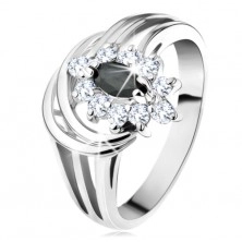 Prsten se stříbrným odstínem, černé zirkonové zrnko, dva lesklé oblouky
