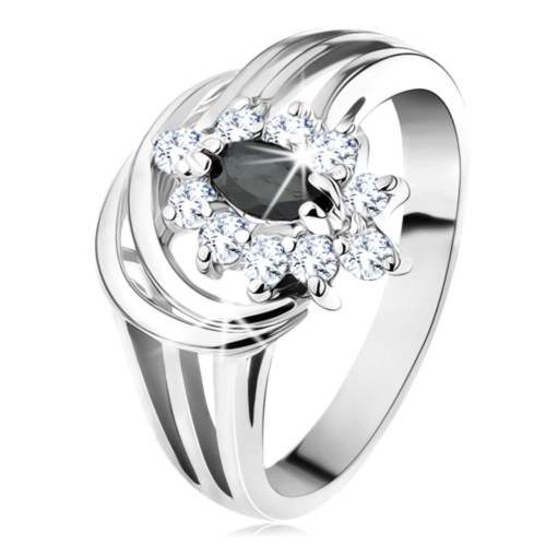 Prsten se stříbrným odstínem, černé zirkonové zrnko, dva lesklé oblouky - Velikost: 51