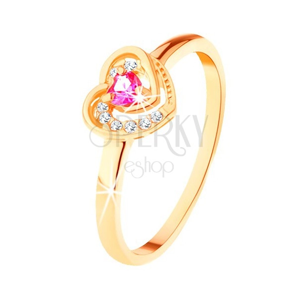 Zlatý prsten 585 - růžové zirkonové srdíčko ve dvojitém obrysu