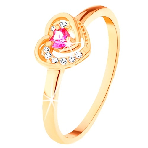 Zlatý prsten 585 - růžové zirkonové srdíčko ve dvojitém obrysu - Velikost: 54