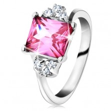 Třpytivý prsten ve stříbrném odstínu, obdélníkový zirkon v růžové barvě
