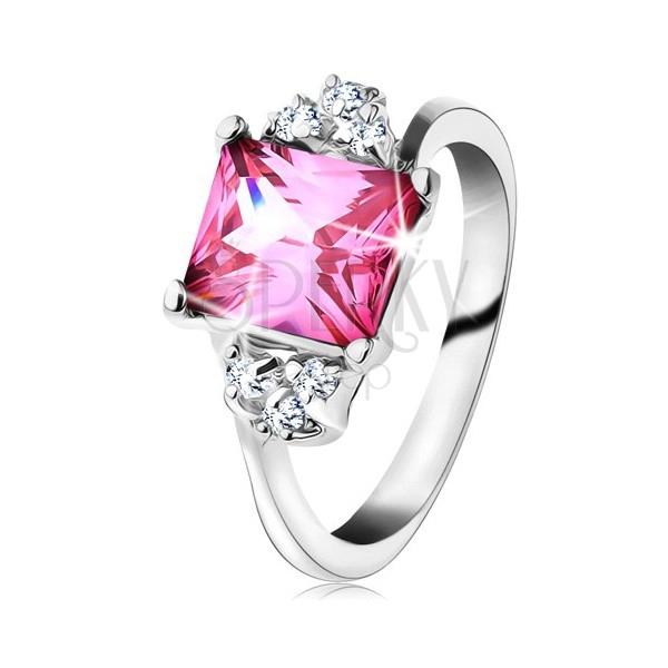 Třpytivý prsten ve stříbrném odstínu, obdélníkový zirkon v růžové barvě