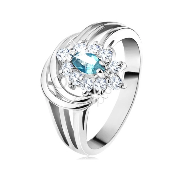 Lesklý prsten s rozvětvenými rameny, světle modré zirkonové zrnko, obloučky