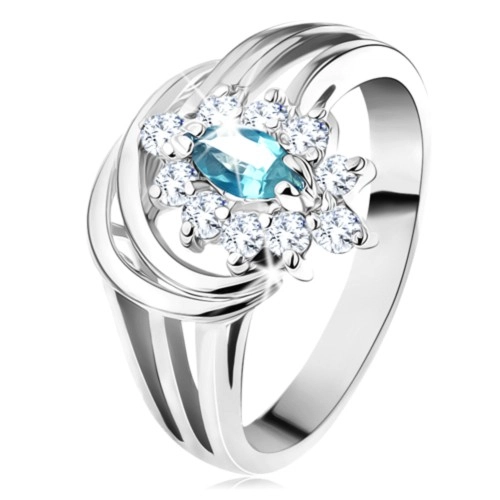Lesklý prsten s rozvětvenými rameny, světle modré zirkonové zrnko, obloučky - Velikost: 59