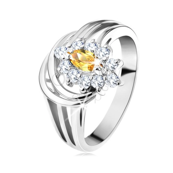 Třpytivý prsten s rozdělenými rameny, zrnkovitý zirkon ve žluté barvě, čirý lem
