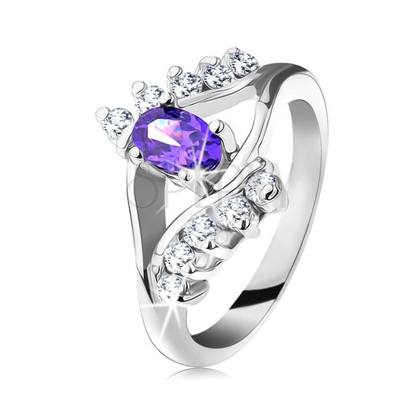 Lesklý prsten ve stříbrném odstínu s fialovým oválným zirkonem, čirá linie