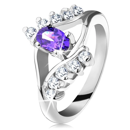 Lesklý prsten ve stříbrném odstínu s fialovým oválným zirkonem, čirá linie - Velikost: 60