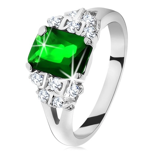 Blýskavý prsten ve stříbrné barvě, smaragdově zelený zirkon, rozdělená ramena - Velikost: 49