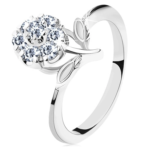 Prsten ve stříbrném odstínu, úzká ramena, třpytivý zirkonový květ čiré barvy - Velikost: 55