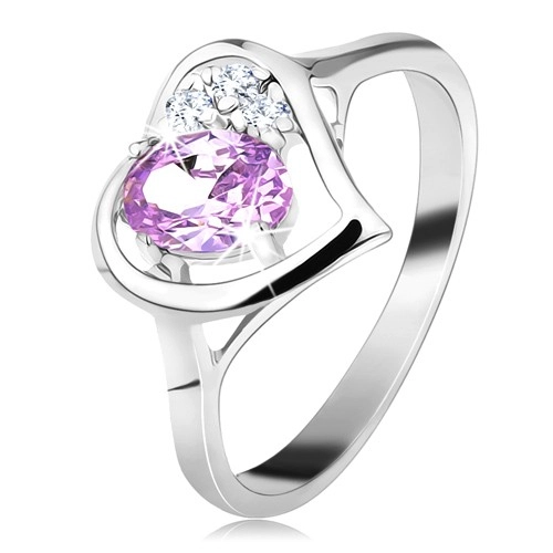 Lesklý prsten ve stříbrné barvě s obrysem srdce, světle fialový oválný zirkon - Velikost: 59