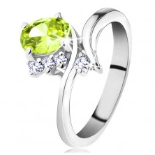 Prsten se zahnutými rameny, broušené zirkony ve světle zelené a čiré barvě