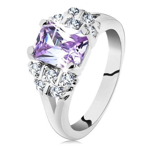 Prsten ve stříbrném odstínu s rozvětvenými rameny, světle fialový zirkon - Velikost: 51