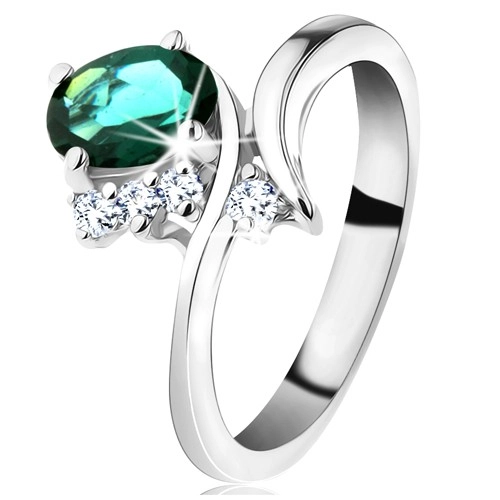 Prsten ve stříbrné barvě, úzká ohnutá ramena, tmavě zelený oválný zirkon - Velikost: 55