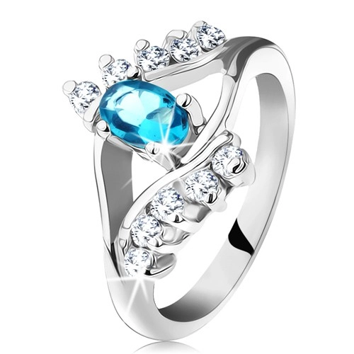 Prsten ve stříbrné barvě, akvamarínový oválný zirkon, linie čirých zirkonů - Velikost: 62
