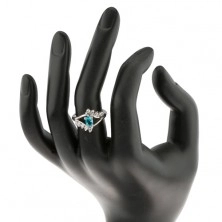 Prsten ve stříbrné barvě, akvamarínový oválný zirkon, linie čirých zirkonů