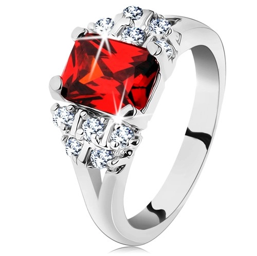 Lesklý prsten se stříbrným odstínem, tmavě oranžový obdélníkový zirkon - Velikost: 62