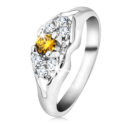 Blýskavý prsten ve stříbrné barvě, rozdělená ramena, žluto-čiré zirkony - Velikost: 54