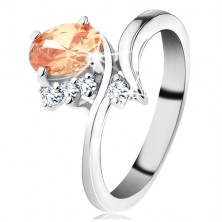Třpytivý prsten ve stříbrném odstínu, oválný zirkon v oranžové barvě
