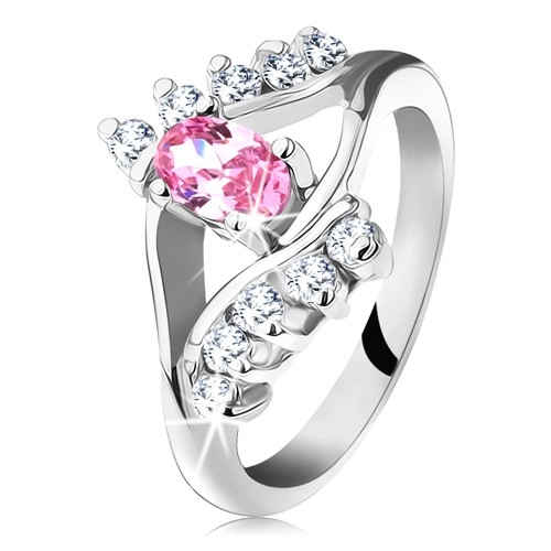 Blýskavý prsten se zirkonovým růžovo-čirým okem, rozdvojená ramena - Velikost: 56