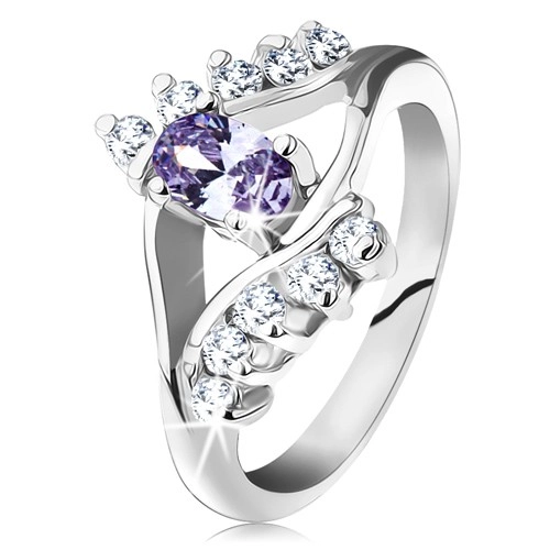 Prsten ve stříbrné barvě, světle fialový oválný zirkon, čiré zirkonové linie - Velikost: 58