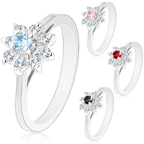 Třpytivý prsten se stříbrným odstínem, zúžená ramena, zirkonový kvítek - Velikost: 51, Barva: Červená