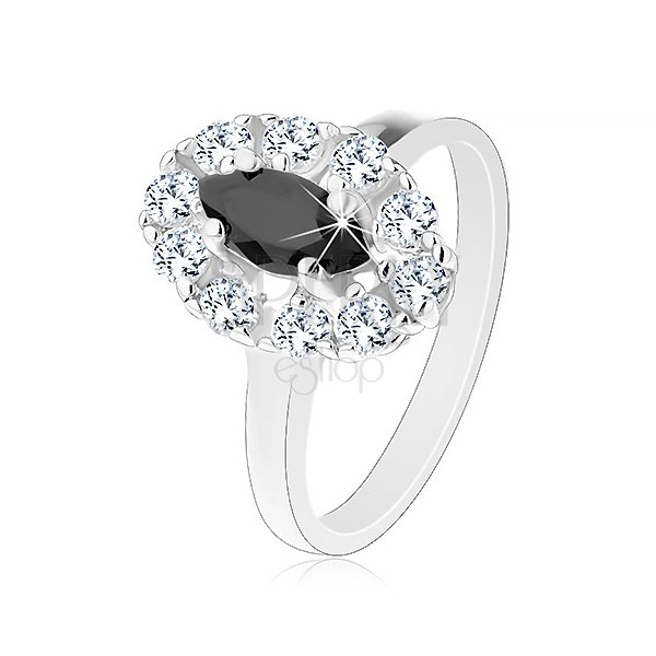 Lesklý prsten ve stříbrném odstínu, černé zrnko s čirou zirkonovou obrubou