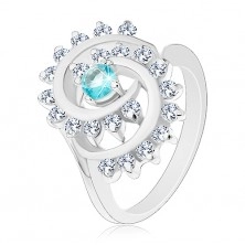Prsten se zúženými rameny, kulatý zirkon ve světle modré barvě, spirála