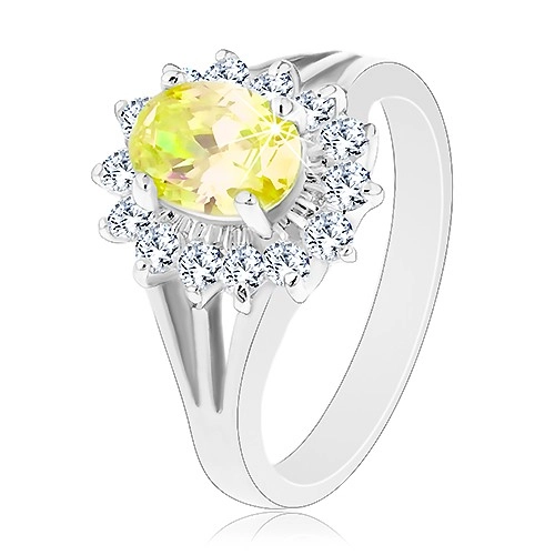 Třpytivý prsten s rozvětvenými rameny, stříbrná barva, žluto-čiré zirkony - Velikost: 57