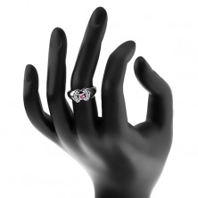 Prsten se zaoblenými rameny, kulatý zirkon v růžové barvě, čiré obloučky