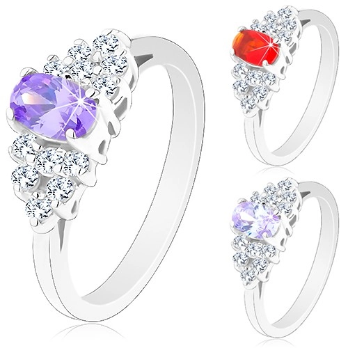 Lesklý prsten se zúženými rameny, broušený ovál, zirkonová obruba čiré barvy - Velikost: 50, Barva: Světle fialová