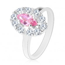 Blýskavý prsten s růžovým broušeným zrnkem, oválný lem z čirých zirkonků
