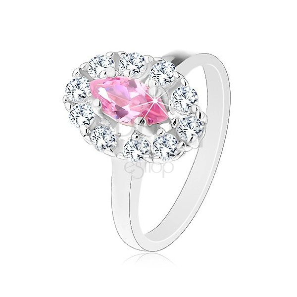 Blýskavý prsten s růžovým broušeným zrnkem, oválný lem z čirých zirkonků