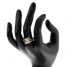 Třpytivý prsten s rozdělenými rameny, žluto-čiré zirkony, lesklé oblouky