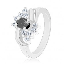Prsten ve stříbrném odstínu s hladkými lesklými oblouky, černo-čiré zirkony