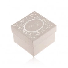 Krabička stříbrné barvy na prsten, náušnice nebo přívěsek, lesklý potisk, nápis