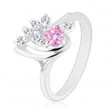 Blýskavý prsten, asymetrická kapka zdobená zirkony čiré a růžové barvy