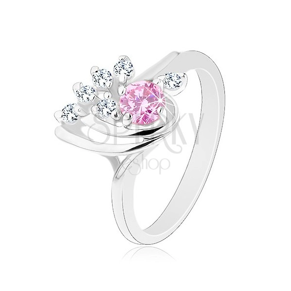 Blýskavý prsten, asymetrická kapka zdobená zirkony čiré a růžové barvy
