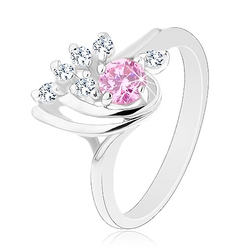 Blýskavý prsten, asymetrická kapka zdobená zirkony čiré a růžové barvy - Velikost: 57