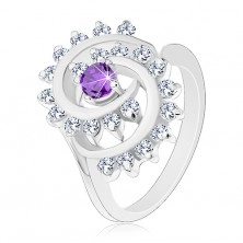 Prsten stříbrné barvy, velká spirála z čirých zirkonků s fialovým středem
