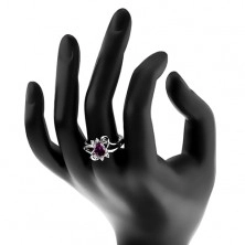 Blýskavý prsten s rozdvojenými rameny, fialový broušený zirkon, hladké oblouky
