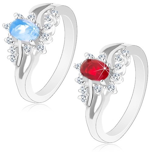 Lesklý prsten ve stříbrném odstínu s rozdvojenými rameny, broušené zirkony - Velikost: 52, Barva: Červená