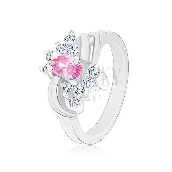 Třpytivý prsten ve stříbrné barvě s růžovým oválem, čiré zirkonky, oblouky