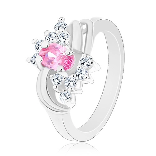Třpytivý prsten ve stříbrné barvě s růžovým oválem, čiré zirkonky, oblouky - Velikost: 55