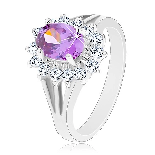 Blýskavý prsten ve stříbrné barvě, fialový ovál, průzračná zirkonová obruba - Velikost: 50