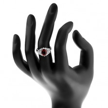 Prsten s hladkými rameny, zirkonový ovál v tmavě červené barvě, čirý lem