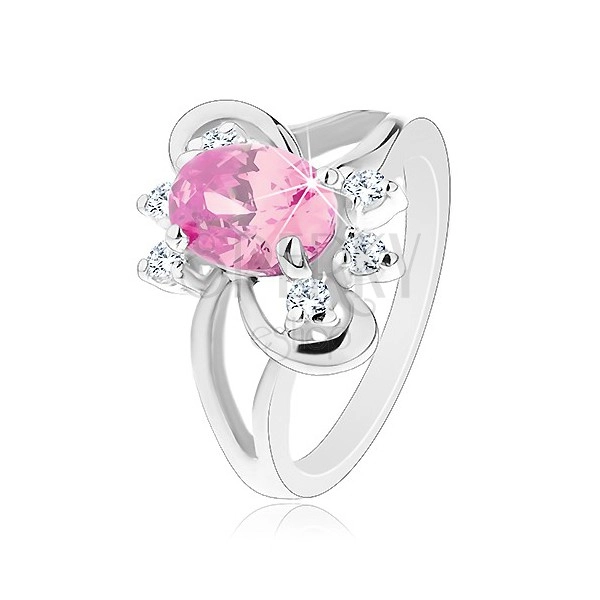 Prsten s broušeným oválným zirkonem v růžové barvě, lesklé obloučky