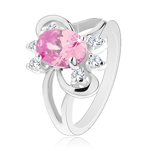 Prsten s broušeným oválným zirkonem v růžové barvě, lesklé obloučky - Velikost: 54