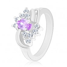 Prsten s lesklými rameny, světle fialový oválný zirkon, dva páry oblouků