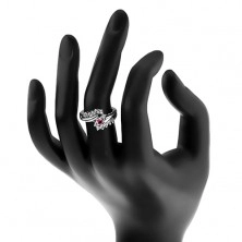 Třpytivý prsten s rozdělenými rameny, červený kulatý zirkon, čirá linie