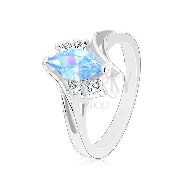 Prsten ve stříbrném odstínu se zahnutými rameny, modré zirkonové zrnko